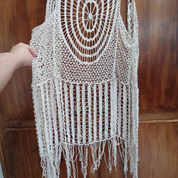Womens One Size Ivory Crochet Fringe Vest Longline Boho Festival Hippie Western - Picture 5 of 8